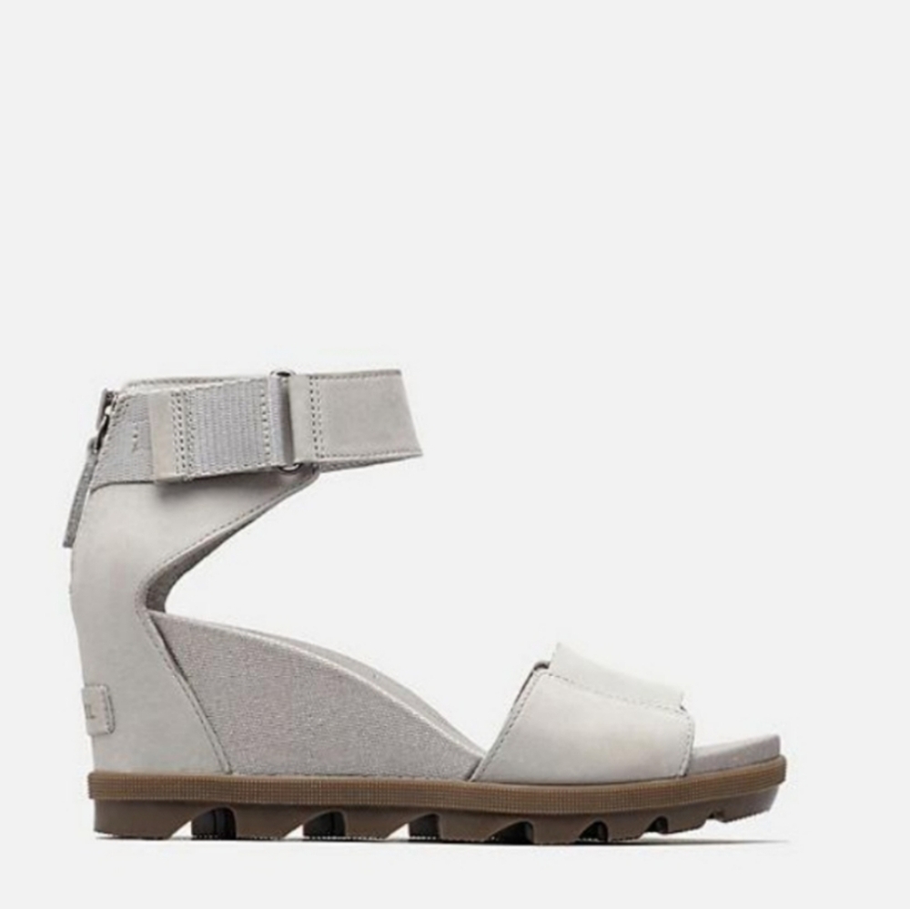 SOREL JOANIE II ANKLE STRAP WEDGE SANDALS IN GREY